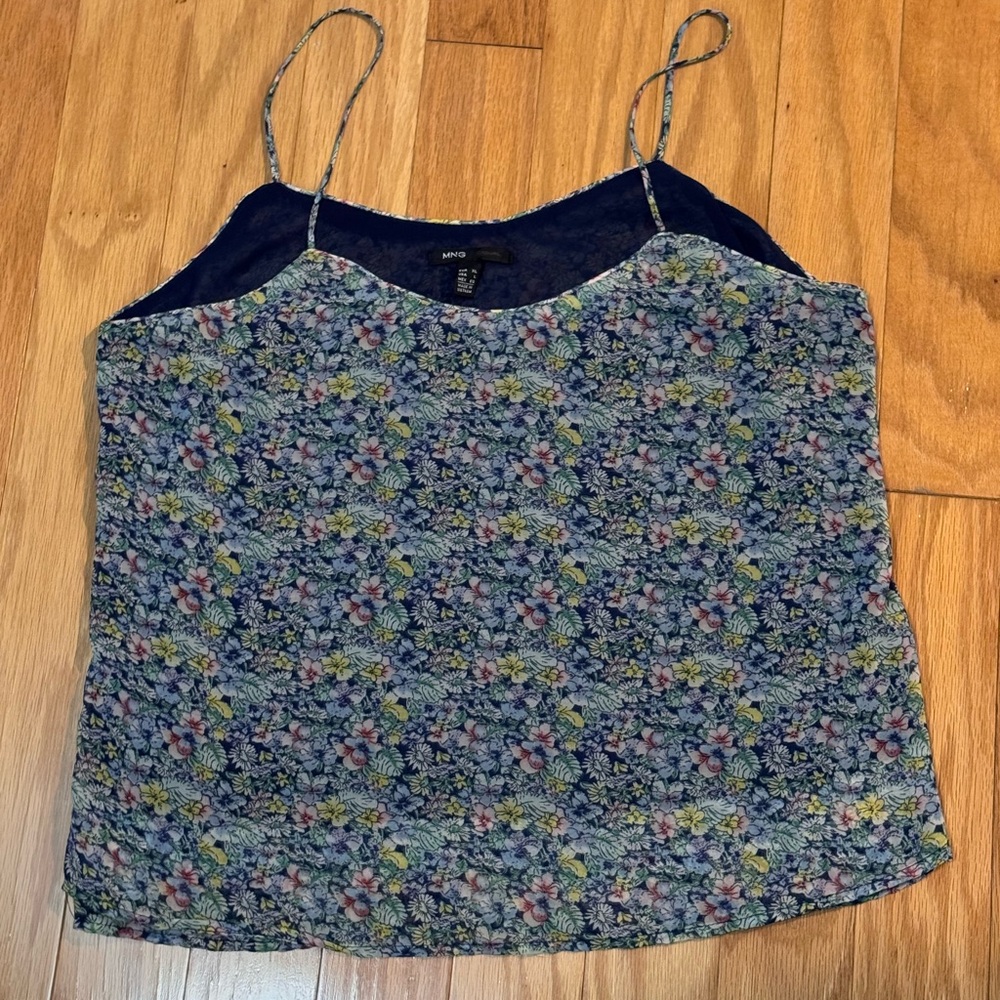 Mango MNG Casual Floral Blue and Yellow Women's Semi-crop strappy Cami Top